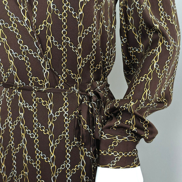 Trina Turk Chain Link Print Wrap Dress Size XS Brown Gold Silk Blend V-Neck - Picture 4 of 12